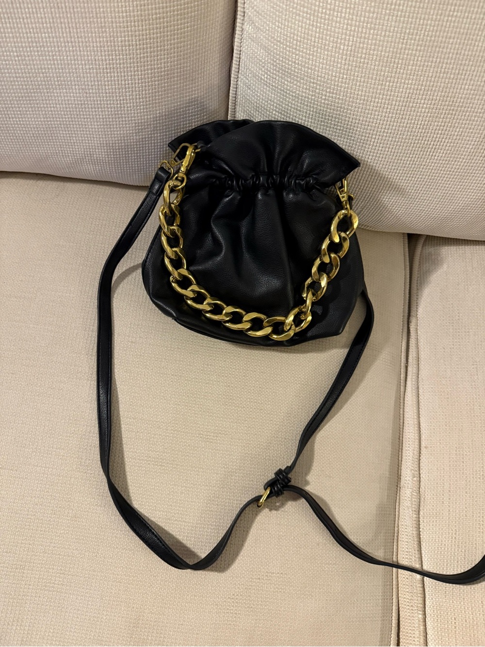 Free People Black Mini Drawstring Crossbody with Gold Chain